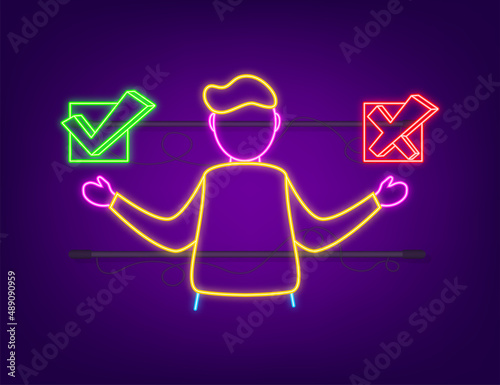 Man choosing between two options yes and no neon icon. Vector stock illustration