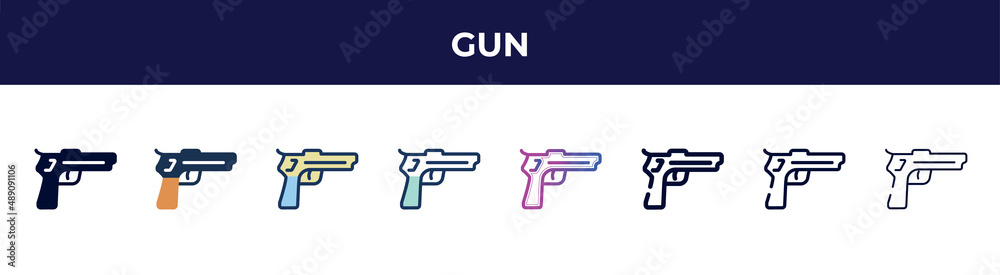 gun icon in 8 styles. line, filled, glyph, thin outline, colorful, stroke and gradient styles, gun vector sign. symbol, logo illustration. different style icons set. gun icon in 8 styles. line, filled, glyph, thin outline, colorful, stroke and gradient styles, gun vector sign. symbol, logo illustration. different style icons set.