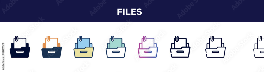 files icon in 8 styles. line, filled, glyph, thin outline, colorful, stroke and gradient styles, files vector sign. symbol, logo illustration. different style icons set. files icon in 8 styles. line, filled, glyph, thin outline, colorful, stroke and gradient styles, files vector sign. symbol, logo illustration. different style icons set.