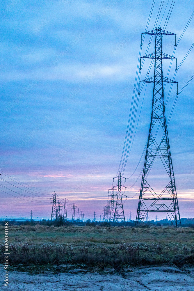 Electricity Pylons pink sunset