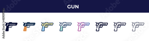 gun icon in 8 styles. line, filled, glyph, thin outline, colorful, stroke and gradient styles, gun vector sign. symbol, logo illustration. different style icons set.
