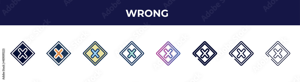 Obraz premium wrong icon in 8 styles. line, filled, glyph, thin outline, colorful, stroke and gradient styles, wrong vector sign. symbol, logo illustration. different style icons set.