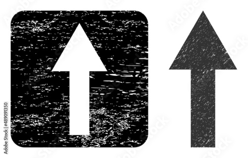 Vector arrow up subtracted icon. Grunge arrow up seal stamp, done from icon and rounded square. Rounded square stamp contain arrow up empty space inside. Vector arrow up grunge images.