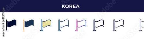 korea icon in 8 styles. line, filled, glyph, thin outline, colorful, stroke and gradient styles, korea vector sign. symbol, logo illustration. different style icons set.