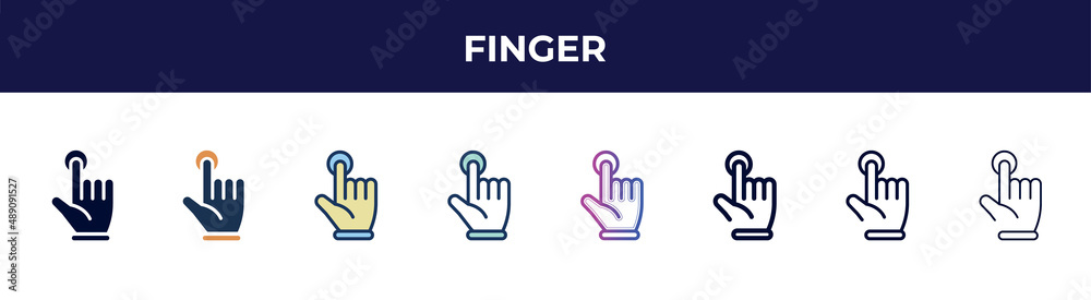 finger icon in 8 styles. line, filled, glyph, thin outline, colorful, stroke and gradient styles, finger vector sign. symbol, logo illustration. different style icons set. finger icon in 8 styles. line, filled, glyph, thin outline, colorful, stroke and gradient styles, finger vector sign. symbol, logo illustration. different style icons set.