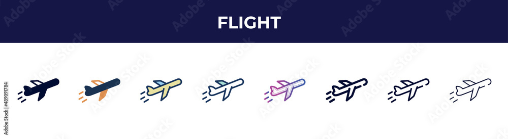 flight icon in 8 styles. line, filled, glyph, thin outline, colorful, stroke and gradient styles, flight vector sign. symbol, logo illustration. different style icons set. flight icon in 8 styles. line, filled, glyph, thin outline, colorful, stroke and gradient styles, flight vector sign. symbol, logo illustration. different style icons set.