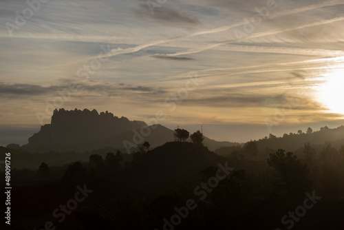 Montserrat mountain silhouette in sunrise