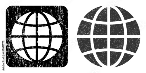 Vector globe subtracted icon. Grunge globe seal, done from icon and rounded square. Rounded square stamp seal contain globe carving inside. Vector globe grunge images.