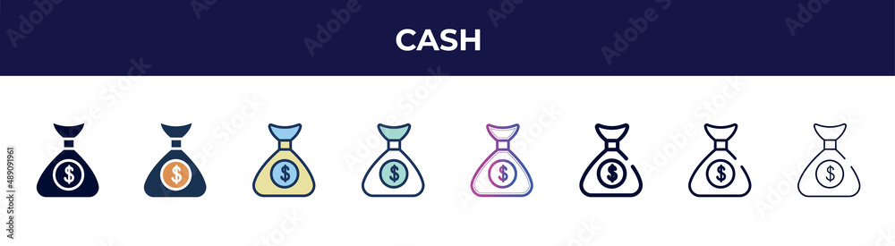 cash icon in 8 styles. line, filled, glyph, thin outline, colorful, stroke and gradient styles, cash vector sign. symbol, logo illustration. different style icons set. cash icon in 8 styles. line, filled, glyph, thin outline, colorful, stroke and gradient styles, cash vector sign. symbol, logo illustration. different style icons set.