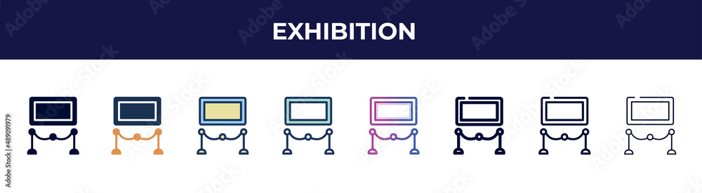 exhibition icon in 8 styles. line, filled, glyph, thin outline, colorful, stroke and gradient styles, exhibition vector sign. symbol, logo illustration. different style icons set. exhibition icon in 8 styles. line, filled, glyph, thin outline, colorful, stroke and gradient styles, exhibition vector sign. symbol, logo illustration. different style icons set.