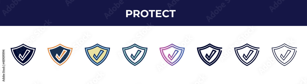 protect icon in 8 styles. line, filled, glyph, thin outline, colorful, stroke and gradient styles, protect vector sign. symbol, logo illustration. different style icons set. protect icon in 8 styles. line, filled, glyph, thin outline, colorful, stroke and gradient styles, protect vector sign. symbol, logo illustration. different style icons set.