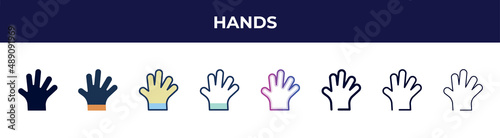 hands icon in 8 styles. line, filled, glyph, thin outline, colorful, stroke and gradient styles, hands vector sign. symbol, logo illustration. different style icons set. © VectorStockDesign