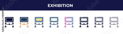 exhibition icon in 8 styles. line, filled, glyph, thin outline, colorful, stroke and gradient styles, exhibition vector sign. symbol, logo illustration. different style icons set.