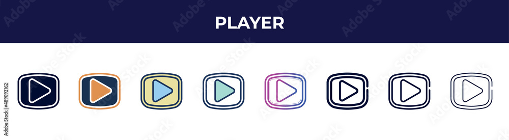 player icon in 8 styles. line, filled, glyph, thin outline, colorful, stroke and gradient styles, player vector sign. symbol, logo illustration. different style icons set. player icon in 8 styles. line, filled, glyph, thin outline, colorful, stroke and gradient styles, player vector sign. symbol, logo illustration. different style icons set.