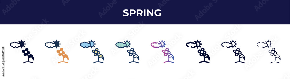 spring icon in 8 styles. line, filled, glyph, thin outline, colorful, stroke and gradient styles, spring vector sign. symbol, logo illustration. different style icons set. spring icon in 8 styles. line, filled, glyph, thin outline, colorful, stroke and gradient styles, spring vector sign. symbol, logo illustration. different style icons set.