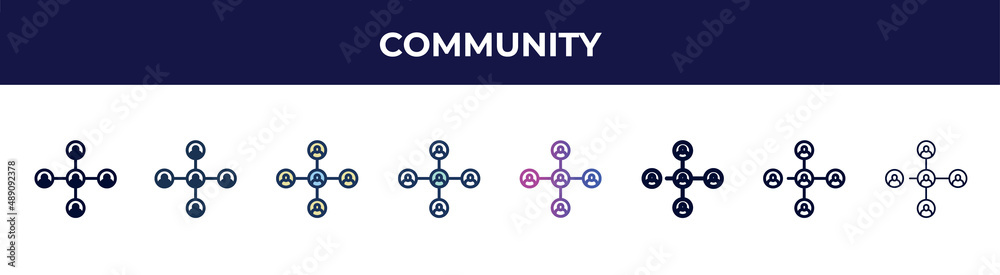 community icon in 8 styles. line, filled, glyph, thin outline, colorful, stroke and gradient styles, community vector sign. symbol, logo illustration. different style icons set. community icon in 8 styles. line, filled, glyph, thin outline, colorful, stroke and gradient styles, community vector sign. symbol, logo illustration. different style icons set.