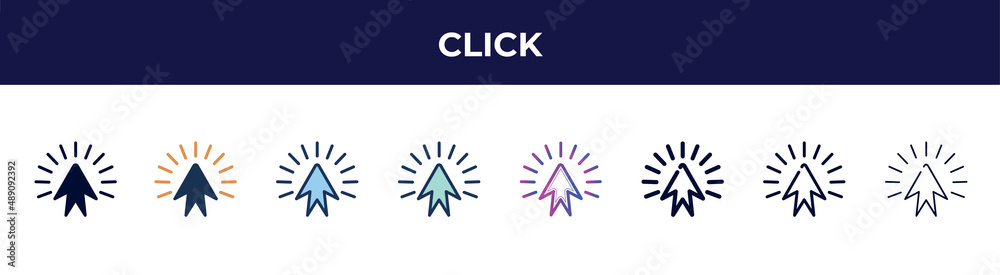 click icon in 8 styles. line, filled, glyph, thin outline, colorful, stroke and gradient styles, click vector sign. symbol, logo illustration. different style icons set. click icon in 8 styles. line, filled, glyph, thin outline, colorful, stroke and gradient styles, click vector sign. symbol, logo illustration. different style icons set.