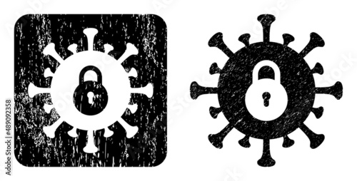 Vector outbreak lockdown subtracted icon. Grunge outbreak lockdown seal, done with icon and rounded square. Rounded square seal contain outbreak lockdown subtracted shape inside.