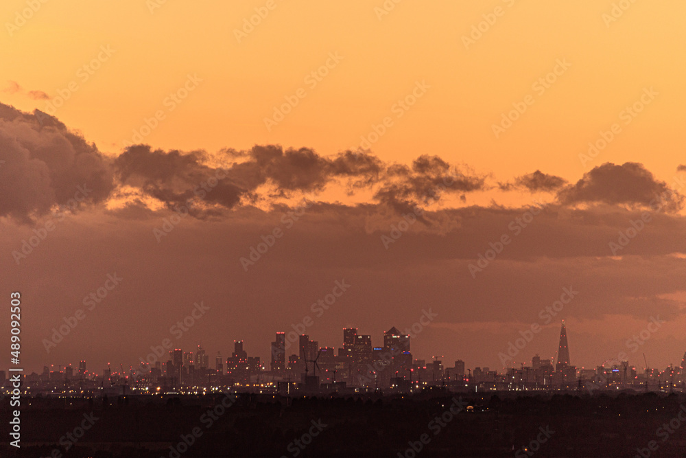 London Docklands skyline at sunset