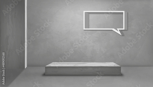 Studio Room with Podium on Grey Floor and Speech Bubble Shelf on Grey Cement Wall Background,Vector 3D interior loft design Backdrop, Gray Concrete surface with cracked texture pattern