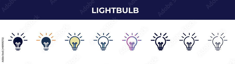 lightbulb icon in 8 styles. line, filled, glyph, thin outline, colorful, stroke and gradient styles, lightbulb vector sign. symbol, logo illustration. different style icons set. lightbulb icon in 8 styles. line, filled, glyph, thin outline, colorful, stroke and gradient styles, lightbulb vector sign. symbol, logo illustration. different style icons set.