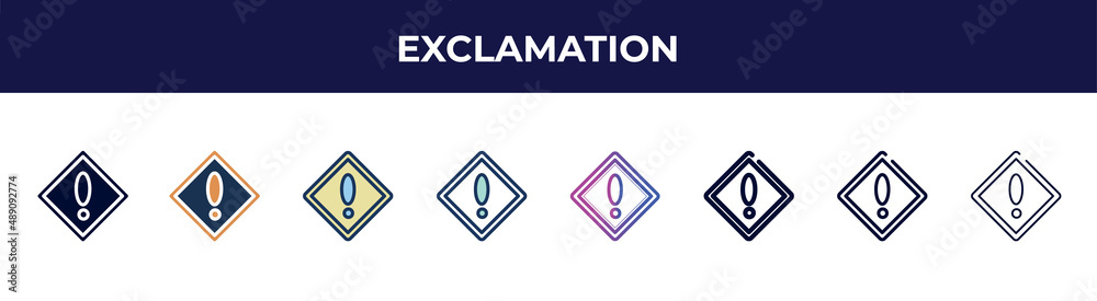 exclamation icon in 8 styles. line, filled, glyph, thin outline, colorful, stroke and gradient styles, exclamation vector sign. symbol, logo illustration. different style icons set. exclamation icon in 8 styles. line, filled, glyph, thin outline, colorful, stroke and gradient styles, exclamation vector sign. symbol, logo illustration. different style icons set.