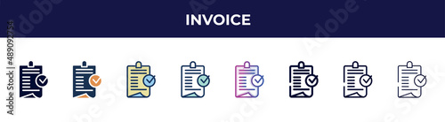 invoice icon in 8 styles. line, filled, glyph, thin outline, colorful, stroke and gradient styles, invoice vector sign. symbol, logo illustration. different style icons set.