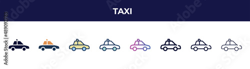 taxi icon in 8 styles. line, filled, glyph, thin outline, colorful, stroke and gradient styles, taxi vector sign. symbol, logo illustration. different style icons set.