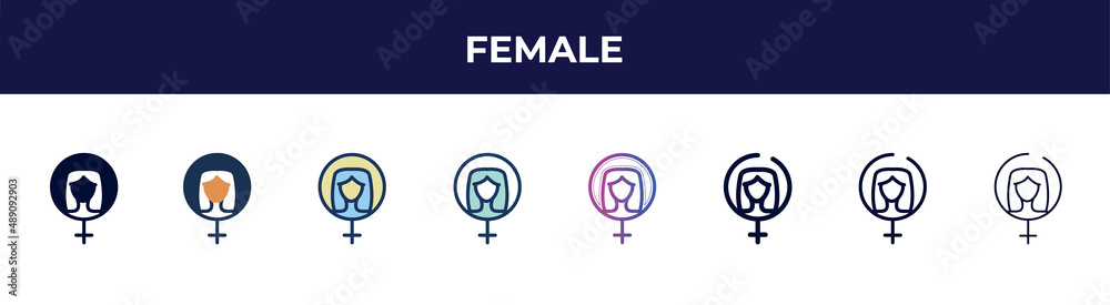 female icon in 8 styles. line, filled, glyph, thin outline, colorful, stroke and gradient styles, female vector sign. symbol, logo illustration. different style icons set. female icon in 8 styles. line, filled, glyph, thin outline, colorful, stroke and gradient styles, female vector sign. symbol, logo illustration. different style icons set.
