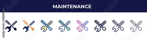 maintenance icon in 8 styles. line, filled, glyph, thin outline, colorful, stroke and gradient styles, maintenance vector sign. symbol, logo illustration. different style icons set.