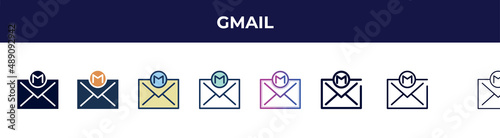 gmail icon in 8 styles. line, filled, glyph, thin outline, colorful, stroke and gradient styles, gmail vector sign. symbol, logo illustration. different style icons set.