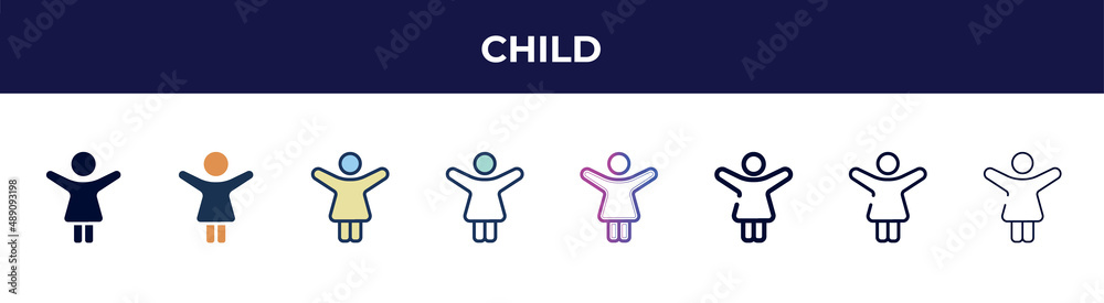 child icon in 8 styles. line, filled, glyph, thin outline, colorful, stroke and gradient styles, child vector sign. symbol, logo illustration. different style icons set. child icon in 8 styles. line, filled, glyph, thin outline, colorful, stroke and gradient styles, child vector sign. symbol, logo illustration. different style icons set.