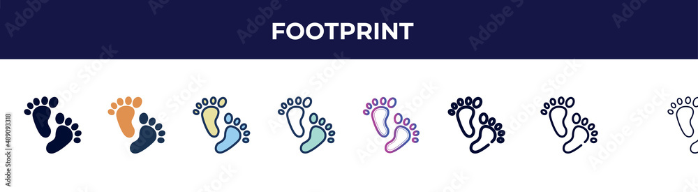 footprint icon in 8 styles. line, filled, glyph, thin outline, colorful, stroke and gradient styles, footprint vector sign. symbol, logo illustration. different style icons set. footprint icon in 8 styles. line, filled, glyph, thin outline, colorful, stroke and gradient styles, footprint vector sign. symbol, logo illustration. different style icons set.
