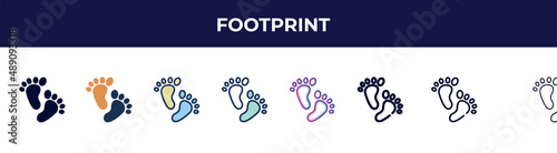 footprint icon in 8 styles. line, filled, glyph, thin outline, colorful, stroke and gradient styles, footprint vector sign. symbol, logo illustration. different style icons set.
