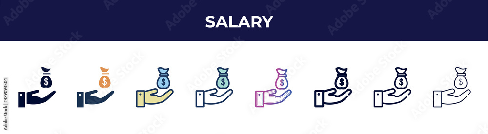 salary icon in 8 styles. line, filled, glyph, thin outline, colorful, stroke and gradient styles, salary vector sign. symbol, logo illustration. different style icons set. salary icon in 8 styles. line, filled, glyph, thin outline, colorful, stroke and gradient styles, salary vector sign. symbol, logo illustration. different style icons set.