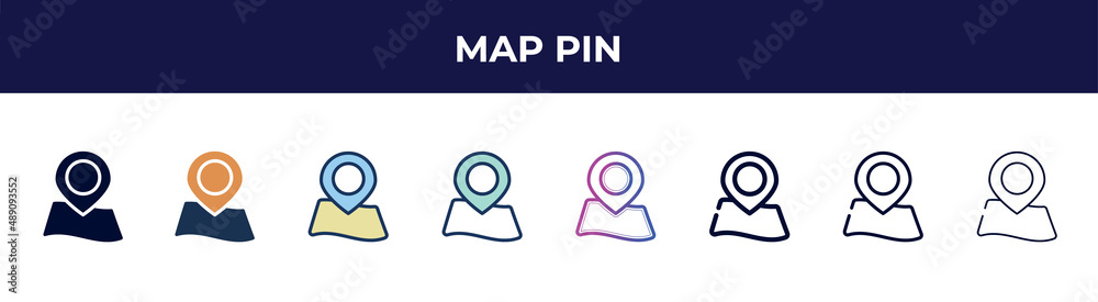 map pin icon in 8 styles. line, filled, glyph, thin outline, colorful, stroke and gradient styles, map pin vector sign. symbol, logo illustration. different style icons set. map pin icon in 8 styles. line, filled, glyph, thin outline, colorful, stroke and gradient styles, map pin vector sign. symbol, logo illustration. different style icons set.