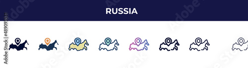 russia icon in 8 styles. line, filled, glyph, thin outline, colorful, stroke and gradient styles, russia vector sign. symbol, logo illustration. different style icons set.