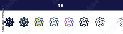 re icon in 8 styles. line, filled, glyph, thin outline, colorful, stroke and gradient styles, re vector sign. symbol, logo illustration. different style icons set.
