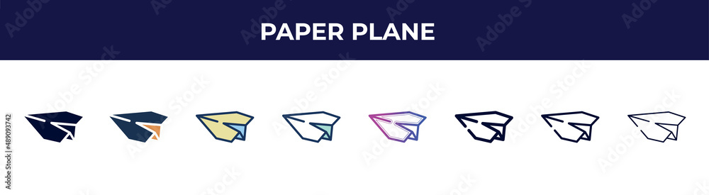 paper plane icon in 8 styles. line, filled, glyph, thin outline, colorful, stroke and gradient styles, paper plane vector sign. symbol, logo illustration. different style icons set. paper plane icon in 8 styles. line, filled, glyph, thin outline, colorful, stroke and gradient styles, paper plane vector sign. symbol, logo illustration. different style icons set.