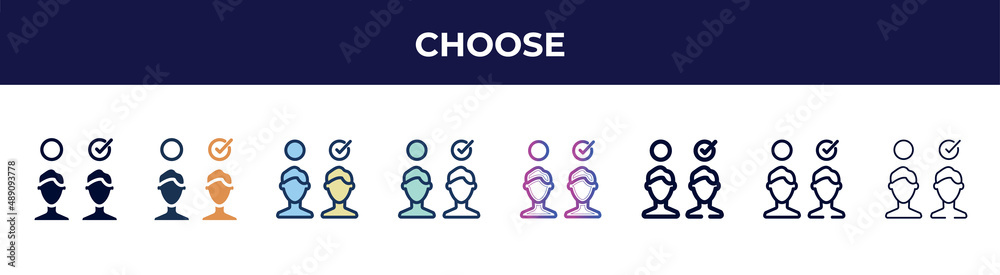 choose icon in 8 styles. line, filled, glyph, thin outline, colorful, stroke and gradient styles, choose vector sign. symbol, logo illustration. different style icons set. choose icon in 8 styles. line, filled, glyph, thin outline, colorful, stroke and gradient styles, choose vector sign. symbol, logo illustration. different style icons set.