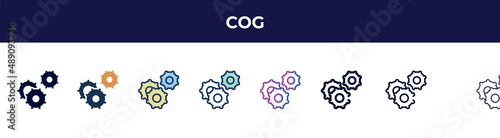 cog icon in 8 styles. line, filled, glyph, thin outline, colorful, stroke and gradient styles, cog vector sign. symbol, logo illustration. different style icons set.