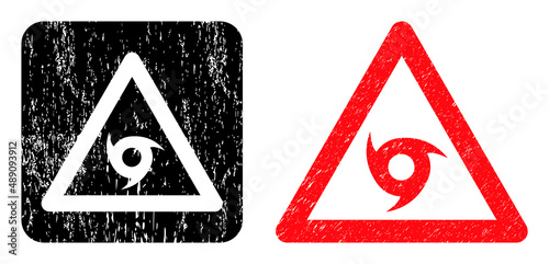 Vector tornado warning stencil icon. Grunge tornado warning imprint, done from icon and rounded square. Rounded square seal have tornado warning hole inside. Vector tornado warning grunge images.