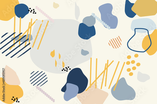 abstraction with spots of yellow and blue lines on a milky background, abstract texture, abstract spots. Minimal long vector banner. Abstract background with organic shapes spots, lines. Facebook cove