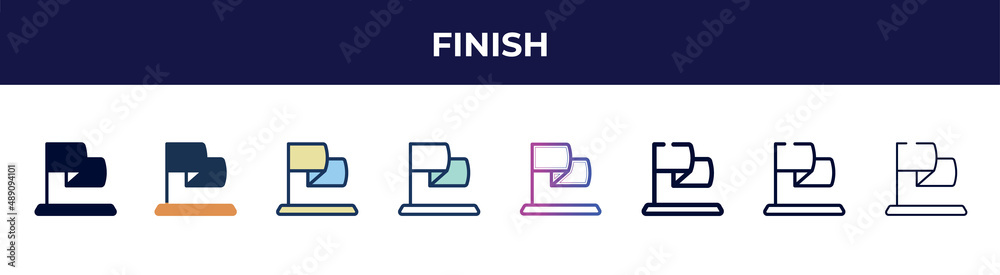 finish icon in 8 styles. line, filled, glyph, thin outline, colorful, stroke and gradient styles, finish vector sign. symbol, logo illustration. different style icons set. finish icon in 8 styles. line, filled, glyph, thin outline, colorful, stroke and gradient styles, finish vector sign. symbol, logo illustration. different style icons set.