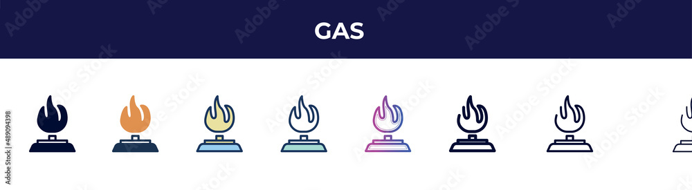 gas icon in 8 styles. line, filled, glyph, thin outline, colorful, stroke and gradient styles, gas vector sign. symbol, logo illustration. different style icons set.