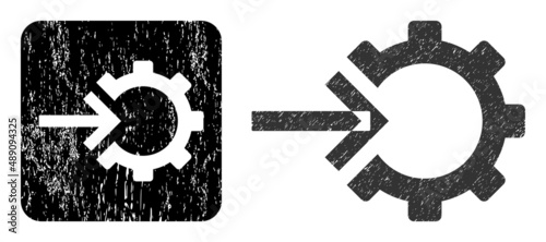 Vector cog integration subtracted icon. Grunge cog integration stamp, done from icon and rounded square. Rounded square stamp seal contain cog integration subtracted shape inside.