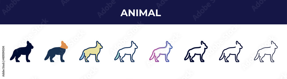 animal icon in 8 styles. line, filled, glyph, thin outline, colorful, stroke and gradient styles, animal vector sign. symbol, logo illustration. different style icons set.