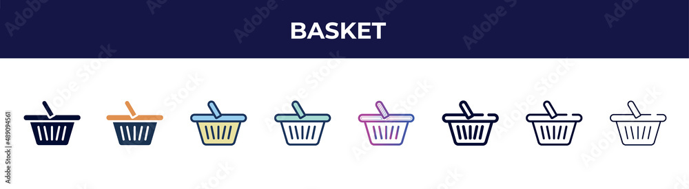 basket icon in 8 styles. line, filled, glyph, thin outline, colorful, stroke and gradient styles, basket vector sign. symbol, logo illustration. different style icons set.