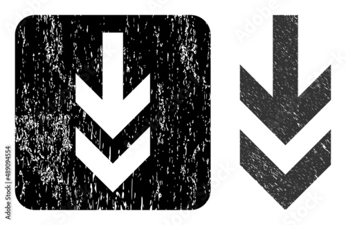 Vector arrow down subtracted icon. Grunge arrow down seal stamp, done with icon and rounded square. Rounded square stamp seal include arrow down empty space inside. Vector arrow down rubber images.