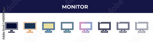 monitor icon in 8 styles. line, filled, glyph, thin outline, colorful, stroke and gradient styles, monitor vector sign. symbol, logo illustration. different style icons set.